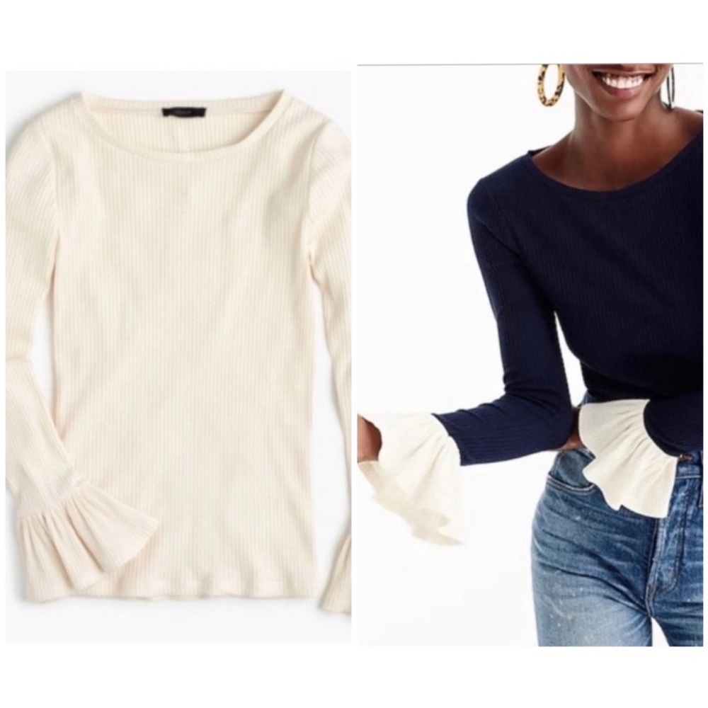 J Crew | Ivory Bell Sleeved 100% Cotton knit sweater Sz M - Picture 1 of 7